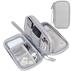 wishkey cable organizer pouch for travel  double layer electronic accessories bag for cables charger power bank earphones usb hard drive  durable nylon tech organizer with mesh pockets grey