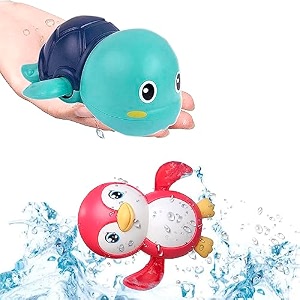 wishkey plastic bath tub toys for kids cute floating penguin and turtle bath toys set water toys for baby boys amp girls baby swimming floating pool toys multicolor 0-3 years pack of 2