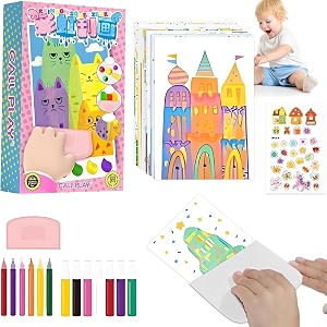 wishkey squeegee art kids paint kit  35 pcs rainbow scratch amp dot painting set with 20 sheets paper 7 paints 6 watercolor pens stickers amp squeegee  creative craft kit for boys amp girls ages 4-12