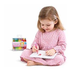 wishkey twist wax crayons set with mini drawing book for kids compact size easy to grip crayons for drawing coloring multicolor 3 years set of 24