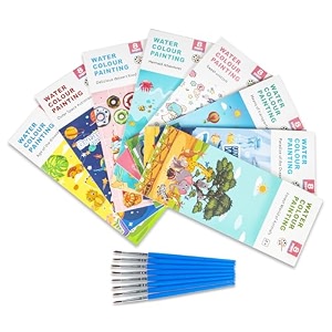 wishkey water colour painting notepad set for kids pack of 8 with brush in every book water painting book 8 pages with water color multiple themes return gifts for birthday boy girl
