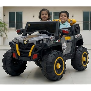 premium rechargeable baby battery-powered electric car jeep for kids  electric ride-on toy with bluetooth music dual control mode for ages 2 to 8 year with 6 months warranty greyyellow