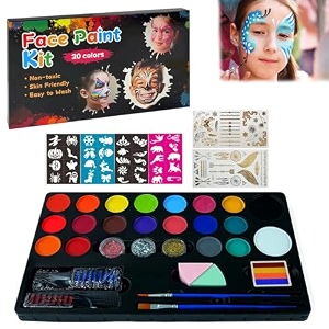 wiska face and body paint kit for kids 20 water based non-toxic oil palette ideal for parties halloween makeup - includes 3 glitters 2 hair chalk combs 2 paint brushes 32 stencils
