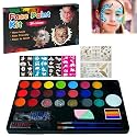 WISKA Face and Body Paint Kit for Kids: 20 Water Based, Non-Toxic Oil Palette, Ideal for Parties, Halloween Makeup - Includes 3 Glitters, 2 Hair Chalk Combs, 2 Paint Brushes, 32 Stencils