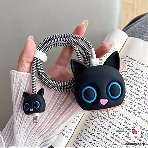 3d silicone charger case  360 protection  fits iphone 18w amp 20w adapter  black cat design  anti-dust amp scratch-resistant  cable protector included