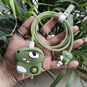 cute 3d silicone 360 protection charger case cover compatible for i-phone 18w - 20w charger stylish spiral cable protective cover for i-phone charger 18w-20w t-rex f multicolor