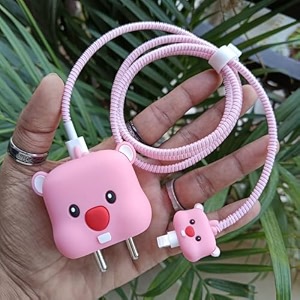 cute 3d silicone 360 protection charger case cover compatible for i-phone 18w - 20w charger stylish spiral cable protective cover for i-phone charger 18w-20w loopy multicolor