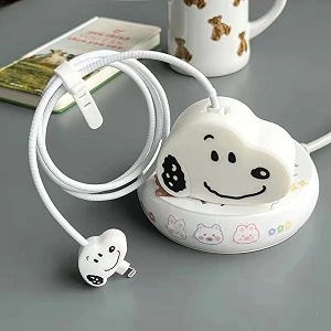 cute 3d silicone 360 protection charger case cover compatible for i-phone 18w - 20w charger stylish spiral cable protective cover for i-phone charger 18w-20w snoopy multicolor