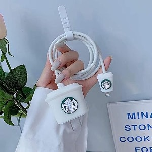 cute 3d silicone 360 protection charger case cover compatible for i-phone 18w - 20w charger stylish spiral cable protective cover for i-phone charger 18w-20w starbacks-cup-white