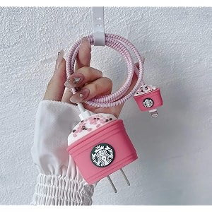 cute 3d silicone 360 protection charger case cover compatible for iphone 18w-20w stylish spiral cable protective cover for iphone charger 18w-20w starbacks-pink