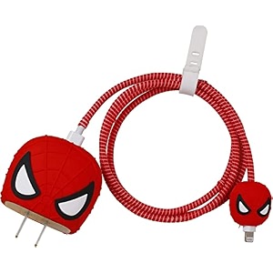 cute 3d silicone 360 protection charger case cover compatible for i-phone 18w - 20w charger stylish spiral cable protective cover for i-phone charger 18w-20w spoiderman multicolor