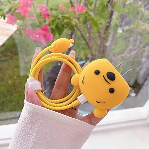 cute 3d silicone 360 protection charger case cover compatible for i-phone 18w - 20w charger stylish spiral cable protective cover for i-phone charger 18w-20w pooh multicolor
