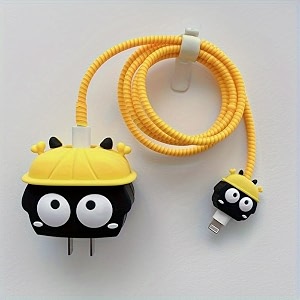 cute 3d silicone 360 protection charger case cover compatible for i-phone 18w - 20w charger stylish spiral cable protective cover for i-phone charger 18w-20w 2eyes-yellow