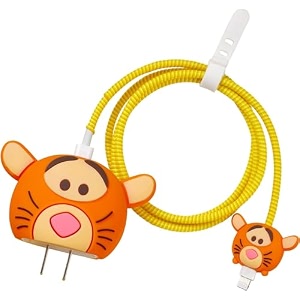 cute 3d silicone 360 protection charger case cover compatible for i-phone 18w - 20w charger stylish spiral cable protective cover for i-phone charger 18w-20w tigger multicolor