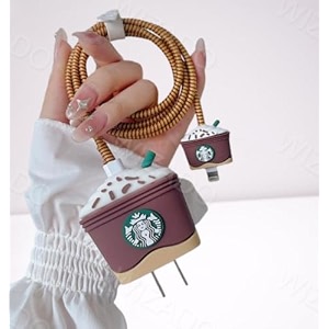 cute 3d silicone 360 protection charger case cover compatible for i-phone 18w - 20w charger stylish spiral cable protective cover for i-phone charger 18w-20w starbacks-brown