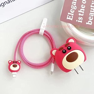 cute 3d silicone 360 protection charger case cover compatible for i-phone 18w - 20w charger stylish spiral cable protective cover for i-phone charger 18w-20w lotso multicolor