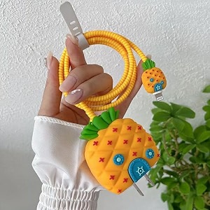 cute 3d silicone 360 protection charger case cover compatible for i-phone 18w-20w chargerstylish spiral cable protective cover for i-phone charger 18w-20w pineapple housemulticolor
