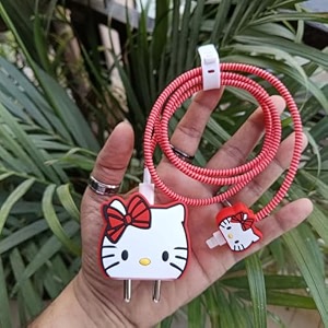 wizado cute 3d silicone 360 protection charger case cover compatible for i-phone 18w - 20w charger stylish spiral cable protective cover for i-phone charger 18w-20w red hello kitty