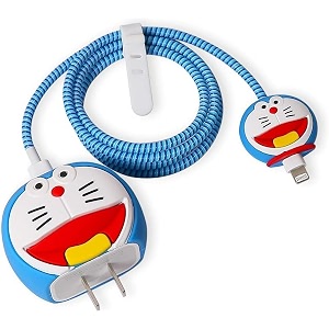 cute 3d silicone 360 protection charger case cover compatible for i-phone 18w - 20w charger stylish spiral cable protective cover for i-phone charger 18w-20w doremon multicolor