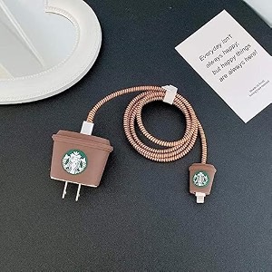 cute 3d silicone 360 protection charger case cover compatible for i-phone 18w - 20w charger stylish spiral cable protective cover for i-phone charger 18w-20w starbacks-cup-brown