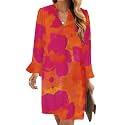 Wkior Womens Fall Ruffle Long Sleeve V Neck Shift Dresses (S-XXL)