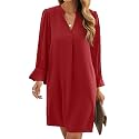 Wkior Womens Fall Ruffle Long Sleeve V Neck Shift Dresses (S-XXL)