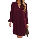 Wkior Womens Fall Ruffle Long Sleeve V Neck Shift Dresses (S-XXL)