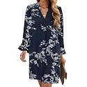 Wkior Womens Fall Ruffle Long Sleeve V Neck Shift Dresses (S-XXL)