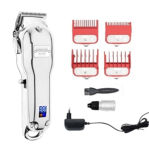 wmark metal body professional 0 gap hair clipper digital display high precision 440c self sharpening blade 5800 rpm motor 4 guide comb taper lever 240 min runtime 2500 mah battery model 25