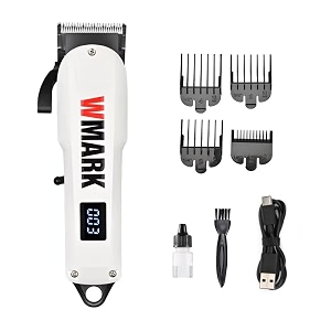 wmark ng-408 professional hair clipper with sharp 9cr18 stainless steel blade powerful 6500 rpm motor 2600mah battery adjustable settings charging adapter led display runtime 240 mins model 7