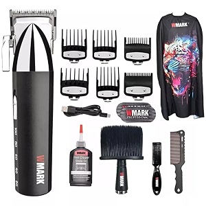 wmark ng-2039 ultra premium professional 9000 rpm 2 speed hair clipper set zinc alloy body digital display 6 guide comb taper lever cutting cape cleaning brush hair brush hair sticker 180 min black