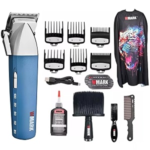 wmark ng-2039 ultra premium professional 9000 rpm 2 speed hair clipper set zinc alloy body digital display 6 guide comb taper lever cutting cape cleaning brush hair brush hair sticker 180 min blue