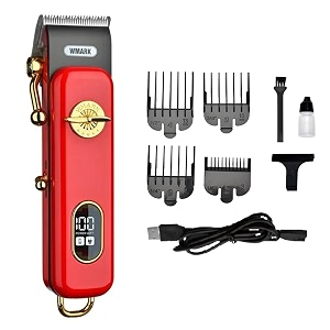 wmark ng-899 professional zero gapped hair clipper digital display self sharpening blade 6500 rpm magnetic motor usb charging 4 guide comb taper lever adjustment 240 min 2000 mah li-ion battery red