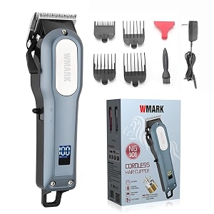 wmark professional cordless hair clipper digital display 6500 rpm motor stainless steel blade charging adaptor 4 guide comb taper lever adjustment runtime 240 min 2000 mah li-ion battery model 1