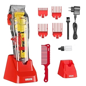 wmark professional zero gapped hair clipper self sharpening blade 7300 rpm magnetic motor charging adaptor 4 guide comb taper lever adjustments for close cut trimming for men runtime 240 min model 6