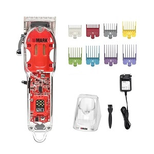 wmark professional zero gapped hair clipper digital display self sharpening blade 6500 rpm rotary motor 8 guide comb taper lever adjustments with adaptor charging pod amp stand runtime 240 min model 6