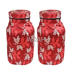 woah lpg gas cylinder cover  dustproof stain-resistant pvc coated polyester blue leaf design fits standard size pack of 2 red leaf