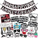 Wobbox 10th Anniversary Photo Booth Party Props DIY Kit with 10th Anniversary Bunting Banner, Red Gliter &amp; Black, Anniversary Party Decoration