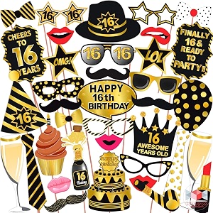 wobbox 16th birthday photo booth party props black amp golden - birthday party decoration and item