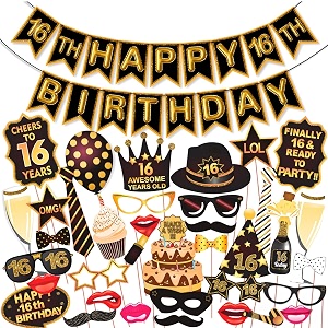 wobbox 16th birthday photo booth party props brown amp golden glitter with 16th birthday bunting banner birthday party decoration birthday party item with banner wobox1780
