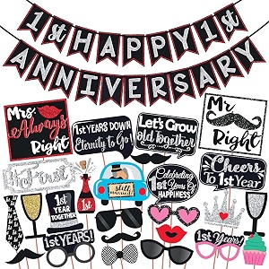 wobbox 1st anniversary photo booth party props diy kit with 1st anniversary bunting banner red gliter amp black anniversary party decoration