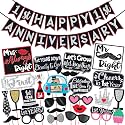 Wobbox 1st Anniversary Photo Booth Party Props DIY Kit with 1st Anniversary Bunting Banner, Red Gliter &amp; Black, Anniversary Party Decoration