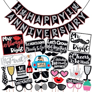 wobbox 1st month anniversary photo booth party props diy kit with 1st month anniversary bunting banner red gliter amp black anniversary party decoration
