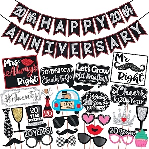 wobbox 20th anniversary photo booth party props diy kit with 20th anniversary bunting banner red gliter amp black anniversary party decoration