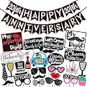 Wobbox 20th Anniversary Photo Booth Party Props DIY Kit with 20th Anniversary Bunting Banner, Red Gliter &amp; Black, Anniversary Party Decoration