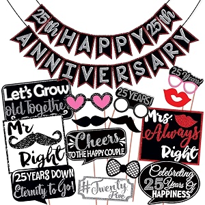 wobbox 25th anniversary photo booth party props diy kit with 25th anniversary bunting banner red gliter amp black anniversary party decoration