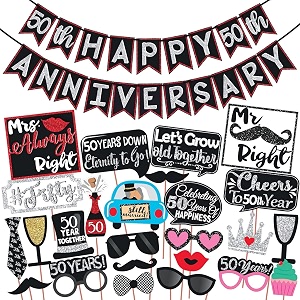 wobbox 50th anniversary photo booth party props diy kit with 50th anniversary bunting banner red gliter amp black anniversary party decoration