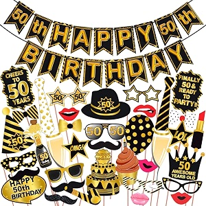 wobbox 50th birthday photo booth props - black amp golden with 50th birthday bunting banner party decoration props