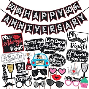 wobbox 60th anniversary photo booth party props diy kit with 60th anniversary bunting banner red gliter amp black anniversary party decoration