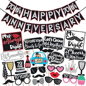 wobbox 70th anniversary photo booth party props diy kit with 70th anniversary bunting banner red gliter amp black anniversary party decoration